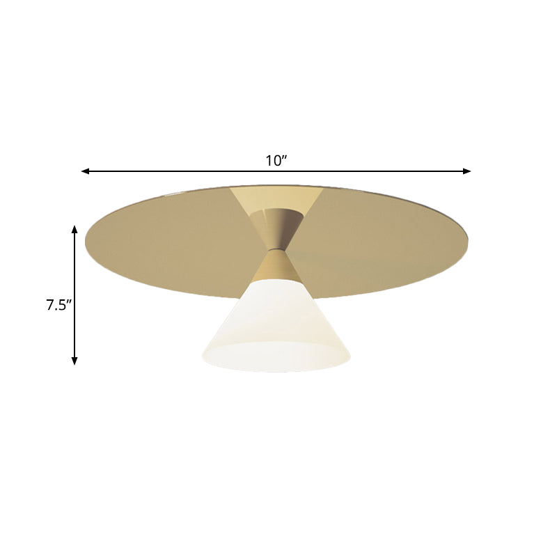 Brass Disk Flush Mount Lighting Post-Modern 1 Bulb Metal Ceiling Flush Light with Bottom Cone White Glass Shade Clearhalo 'Ceiling Lights' 'Close To Ceiling Lights' 'Close to ceiling' 'Flush mount' Lighting' 786782