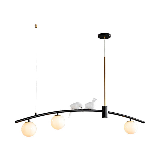 Mini Sphere Milk Glass Island Lamp Modern 3 Heads Black-Brass Suspension Pendant with Bird Decoration Clearhalo 'Ceiling Lights' 'Close To Ceiling Lights' 'Glass shade' 'Glass' 'Island Lights' Lighting' 786785