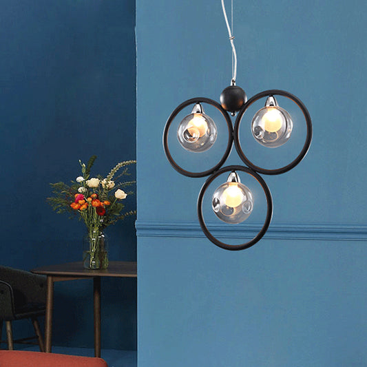 Smoke Grey Glass Dimpled Ball Drop Lamp Modern 3 Bulbs Pendant Chandelier with Black Hoop Arm Black Clearhalo 'Ceiling Lights' 'Chandeliers' 'Modern Chandeliers' 'Modern' Lighting' 786803