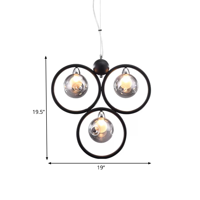 Smoke Grey Glass Dimpled Ball Drop Lamp Modern 3 Bulbs Pendant Chandelier with Black Hoop Arm Clearhalo 'Ceiling Lights' 'Chandeliers' 'Modern Chandeliers' 'Modern' Lighting' 786806