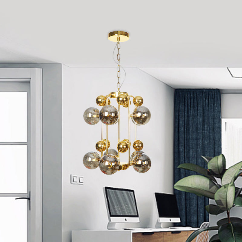 Postmodern 8 Bulbs Chandelier Lamp Brass Molecular Pendant Light Fixture with Smoke Grey Glass Shade Clearhalo 'Ceiling Lights' 'Chandeliers' 'Modern Chandeliers' 'Modern' Lighting' 786816