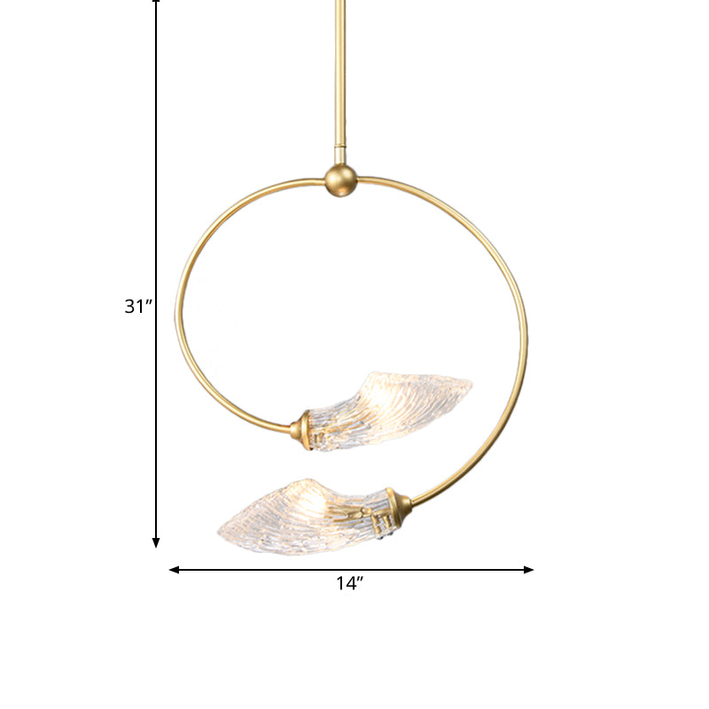 Swirly Flower Chandelier Lighting Minimalistic Clear Glass 2 Bulbs Gold Hanging Pendant Light Clearhalo 'Ceiling Lights' 'Chandeliers' 'Modern Chandeliers' 'Modern' Lighting' 786826