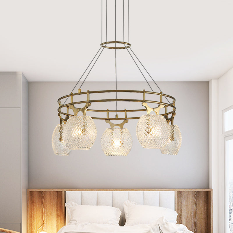 Ball Chandelier Pendant Light Postmodern Clear Lattice Glass 5-Head Dining Room Ceiling Suspension Lamp in Gold Gold Clearhalo 'Ceiling Lights' 'Chandeliers' 'Modern Chandeliers' 'Modern' Lighting' 786839