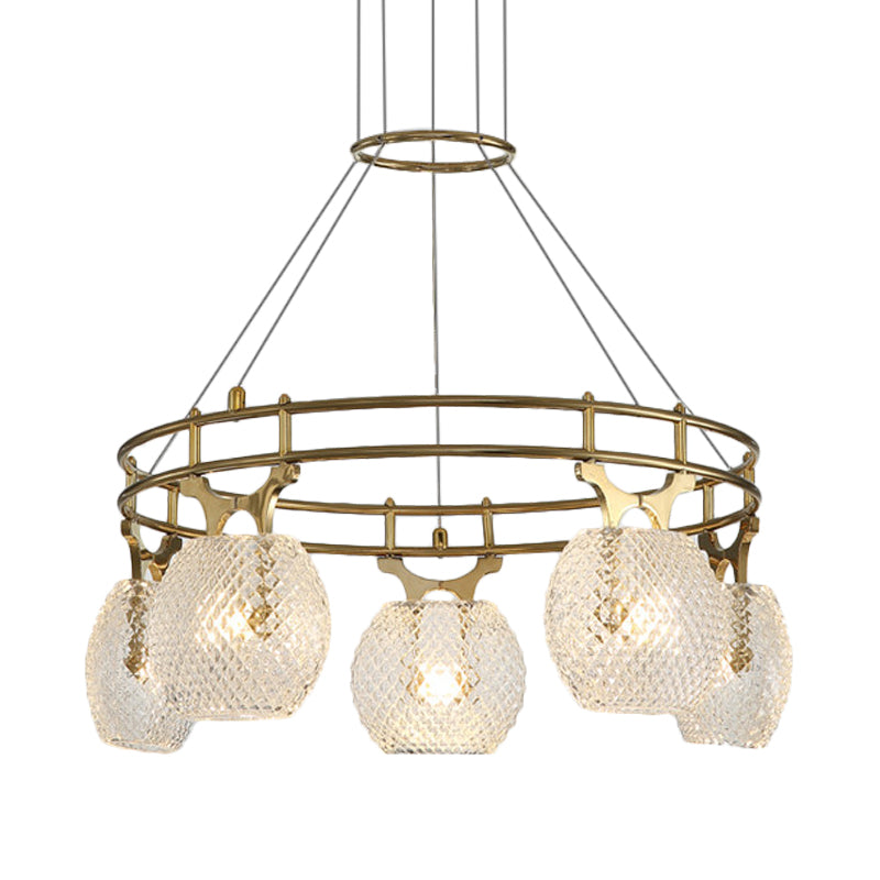 Ball Chandelier Pendant Light Postmodern Clear Lattice Glass 5-Head Dining Room Ceiling Suspension Lamp in Gold Clearhalo 'Ceiling Lights' 'Chandeliers' 'Modern Chandeliers' 'Modern' Lighting' 786840