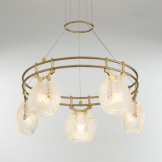 Ball Chandelier Pendant Light Postmodern Clear Lattice Glass 5-Head Dining Room Ceiling Suspension Lamp in Gold Clearhalo 'Ceiling Lights' 'Chandeliers' 'Modern Chandeliers' 'Modern' Lighting' 786841