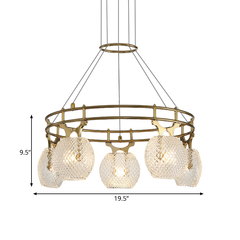 Ball Chandelier Pendant Light Postmodern Clear Lattice Glass 5-Head Dining Room Ceiling Suspension Lamp in Gold Clearhalo 'Ceiling Lights' 'Chandeliers' 'Modern Chandeliers' 'Modern' Lighting' 786842