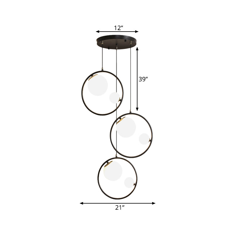 Modernism 6-Light Multi Pendant Black Orb Hanging Ceiling Light with Opal Glass Shade and Ring Clearhalo 'Ceiling Lights' 'Glass shade' 'Glass' 'Modern Pendants' 'Modern' 'Pendant Lights' 'Pendants' Lighting' 786863