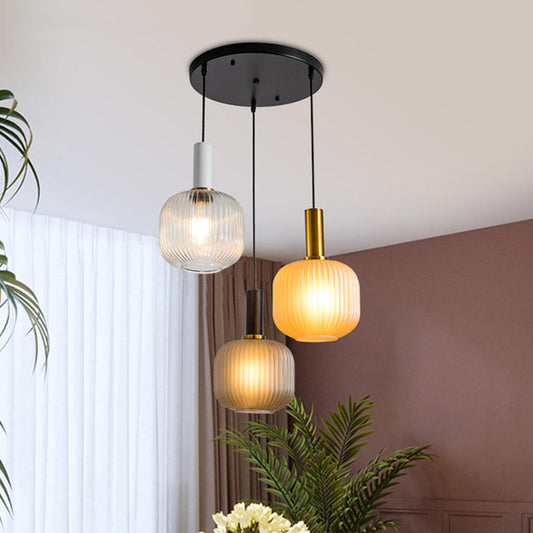 Modern Cluster Jar Pendant Colored Ribbed Glass 3 Lights Gold Suspended Lighting Fixture Black Clearhalo 'Ceiling Lights' 'Close To Ceiling Lights' 'Glass shade' 'Glass' 'Modern Pendants' 'Modern' 'Pendant Lights' 'Pendants' Lighting' 786864