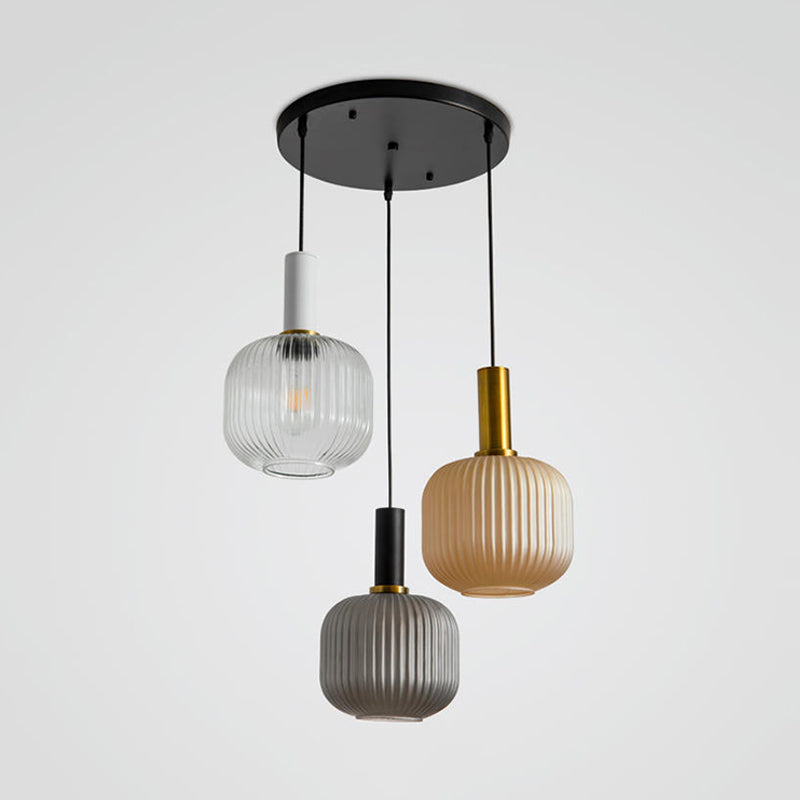 Modern Cluster Jar Pendant Colored Ribbed Glass 3 Lights Gold Suspended Lighting Fixture Clearhalo 'Ceiling Lights' 'Close To Ceiling Lights' 'Glass shade' 'Glass' 'Modern Pendants' 'Modern' 'Pendant Lights' 'Pendants' Lighting' 786866