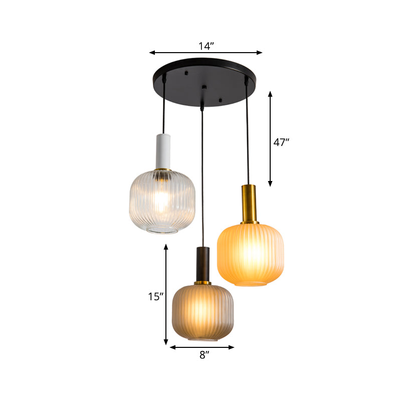 Modern Cluster Jar Pendant Colored Ribbed Glass 3 Lights Gold Suspended Lighting Fixture Clearhalo 'Ceiling Lights' 'Close To Ceiling Lights' 'Glass shade' 'Glass' 'Modern Pendants' 'Modern' 'Pendant Lights' 'Pendants' Lighting' 786867