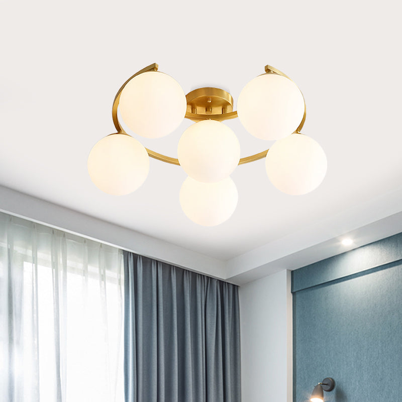 Modern Ball Milk Glass Flush Light 3/6 Heads Close to Ceiling Lamp with Crescent Canopy in Brass 6 Brass Clearhalo 'Ceiling Lights' 'Close To Ceiling Lights' 'Close to ceiling' 'Flush mount' Lighting' 786897