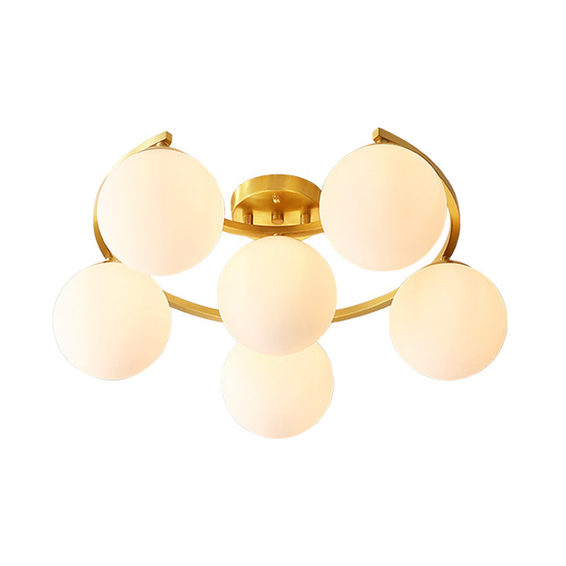 Modern Ball Milk Glass Flush Light 3/6 Heads Close to Ceiling Lamp with Crescent Canopy in Brass Clearhalo 'Ceiling Lights' 'Close To Ceiling Lights' 'Close to ceiling' 'Flush mount' Lighting' 786898