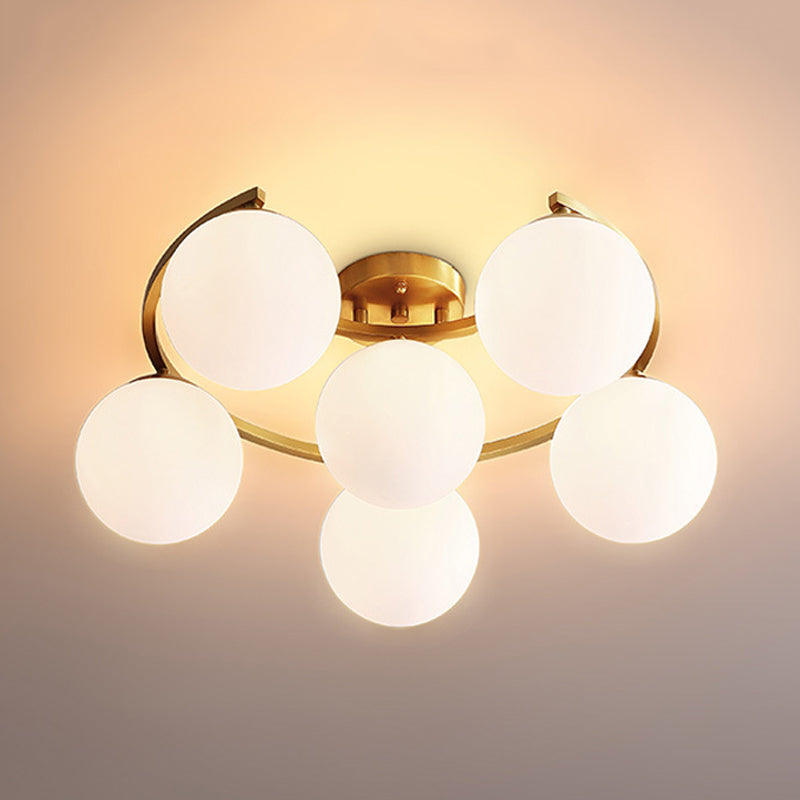 Modern Ball Milk Glass Flush Light 3/6 Heads Close to Ceiling Lamp with Crescent Canopy in Brass Clearhalo 'Ceiling Lights' 'Close To Ceiling Lights' 'Close to ceiling' 'Flush mount' Lighting' 786899