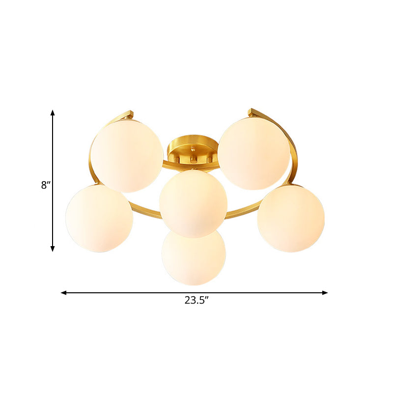 Modern Ball Milk Glass Flush Light 3/6 Heads Close to Ceiling Lamp with Crescent Canopy in Brass Clearhalo 'Ceiling Lights' 'Close To Ceiling Lights' 'Close to ceiling' 'Flush mount' Lighting' 786900