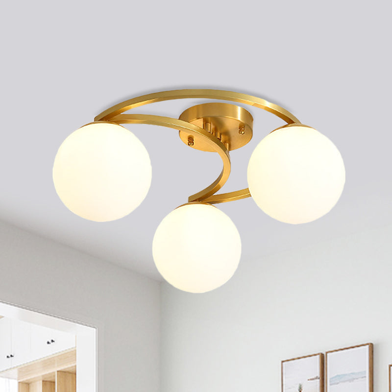 Modern Ball Milk Glass Flush Light 3/6 Heads Close to Ceiling Lamp with Crescent Canopy in Brass 3 Brass Clearhalo 'Ceiling Lights' 'Close To Ceiling Lights' 'Close to ceiling' 'Flush mount' Lighting' 786901