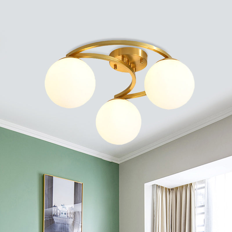 Modern Ball Milk Glass Flush Light 3/6 Heads Close to Ceiling Lamp with Crescent Canopy in Brass Clearhalo 'Ceiling Lights' 'Close To Ceiling Lights' 'Close to ceiling' 'Flush mount' Lighting' 786902