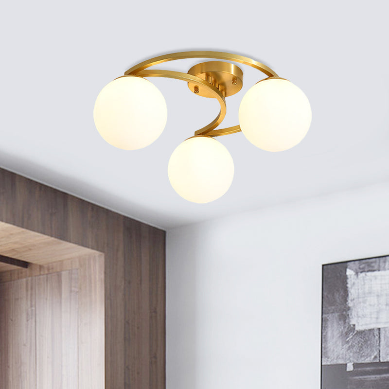 Modern Ball Milk Glass Flush Light 3/6 Heads Close to Ceiling Lamp with Crescent Canopy in Brass Clearhalo 'Ceiling Lights' 'Close To Ceiling Lights' 'Close to ceiling' 'Flush mount' Lighting' 786903