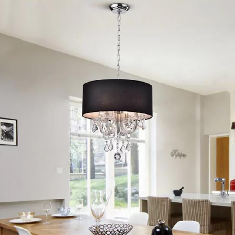 4 Lights Chandelier Modernism Drum Fabric Hanging Ceiling Light in Black with Crystal Ball Accent Clearhalo 'Ceiling Lights' 'Chandeliers' 'Modern Chandeliers' 'Modern' Lighting' 786919