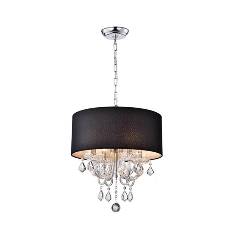 4 Lights Chandelier Modernism Drum Fabric Hanging Ceiling Light in Black with Crystal Ball Accent Clearhalo 'Ceiling Lights' 'Chandeliers' 'Modern Chandeliers' 'Modern' Lighting' 786920