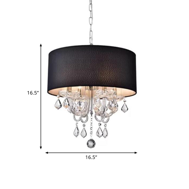 4 Lights Chandelier Modernism Drum Fabric Hanging Ceiling Light in Black with Crystal Ball Accent Clearhalo 'Ceiling Lights' 'Chandeliers' 'Modern Chandeliers' 'Modern' Lighting' 786921