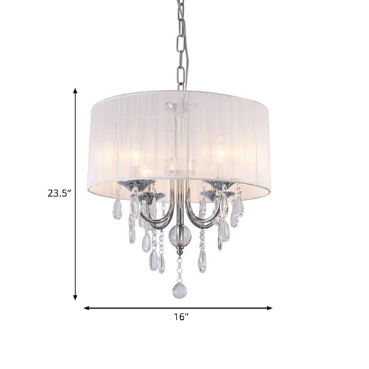 Drum Living Room Chandelier Lighting Fixture Simple Style Fabric 4 Lights Chrome Pendant Light Kit with Crystal Drop Clearhalo 'Ceiling Lights' 'Chandeliers' 'Modern Chandeliers' 'Modern' Lighting' 786929