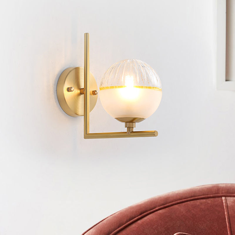 Gold Squared Arm Wall Mount Lamp Minimalist Single Bulb Metal Sconce Light with Ball Glass Shade Brass Clearhalo 'Cast Iron' 'Glass' 'Industrial' 'Modern wall lights' 'Modern' 'Tiffany' 'Traditional wall lights' 'Wall Lamps & Sconces' 'Wall Lights' Lighting' 786939