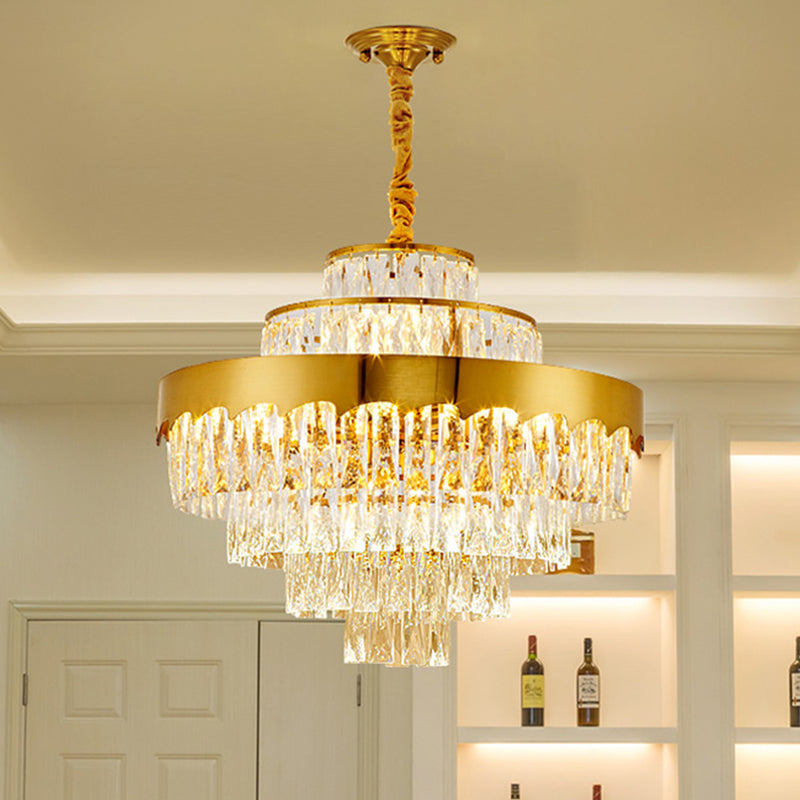 9/12 Lights Clear Crystal Chandelier Lamp Modern Gold Tiered Round Dining Room Pendant Lighting, 16"/19.5" Wide Gold 19.5" Clearhalo 'Ceiling Lights' 'Chandeliers' 'Close To Ceiling Lights' 'Glass shade' 'Glass' 'Modern Chandeliers' 'Modern' Lighting' 786947