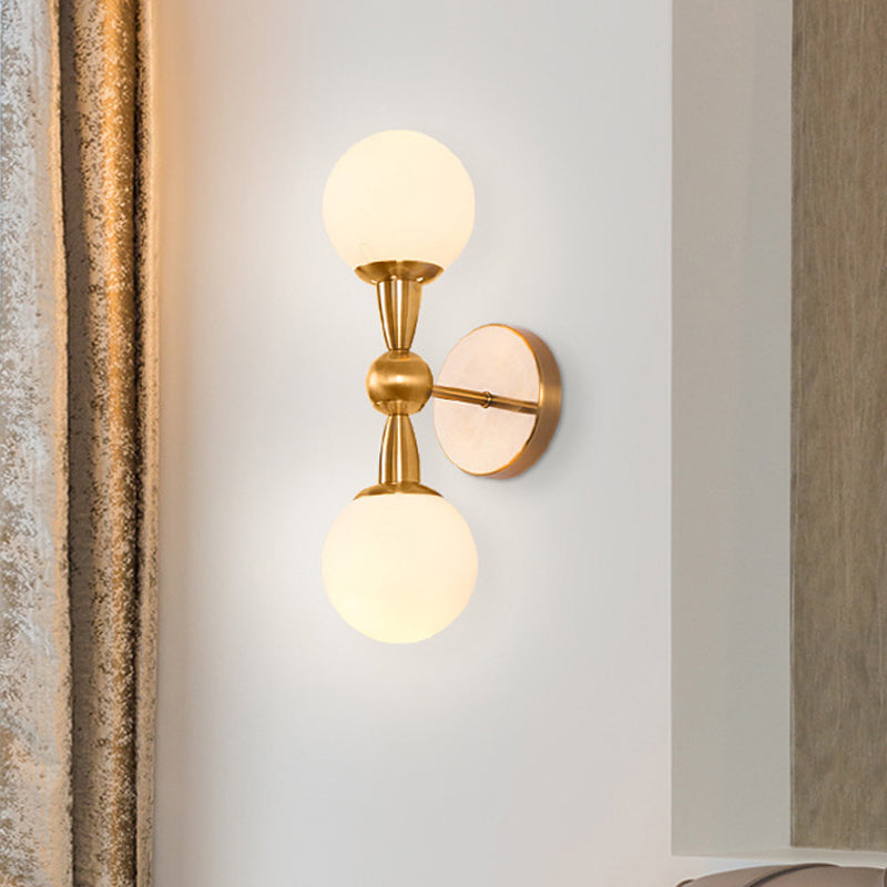Mid Century 1/2-Bulb Wall Lighting Ideas Brass Orb Shaped Wall Mount Light with Opal Glass Lampshade 2.0 Brass Clearhalo 'Cast Iron' 'Glass' 'Industrial' 'Modern wall lights' 'Modern' 'Tiffany' 'Traditional wall lights' 'Wall Lamps & Sconces' 'Wall Lights' Lighting' 786960