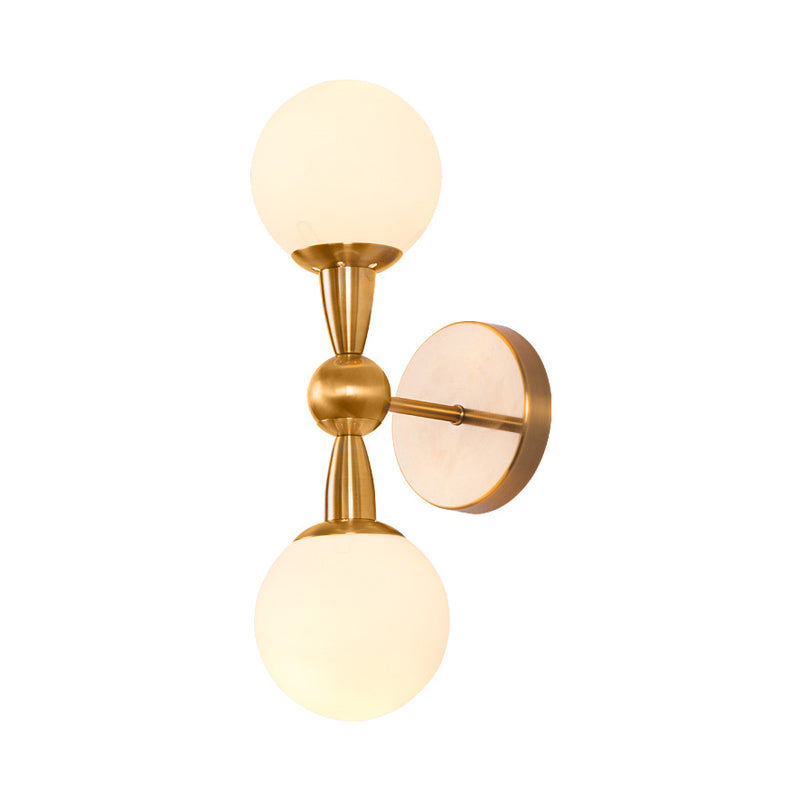 Mid Century 1/2-Bulb Wall Lighting Ideas Brass Orb Shaped Wall Mount Light with Opal Glass Lampshade Clearhalo 'Cast Iron' 'Glass' 'Industrial' 'Modern wall lights' 'Modern' 'Tiffany' 'Traditional wall lights' 'Wall Lamps & Sconces' 'Wall Lights' Lighting' 786962