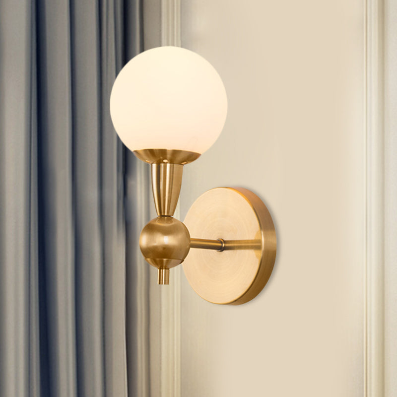 Mid Century 1/2-Bulb Wall Lighting Ideas Brass Orb Shaped Wall Mount Light with Opal Glass Lampshade 1.0 Brass Clearhalo 'Cast Iron' 'Glass' 'Industrial' 'Modern wall lights' 'Modern' 'Tiffany' 'Traditional wall lights' 'Wall Lamps & Sconces' 'Wall Lights' Lighting' 786964