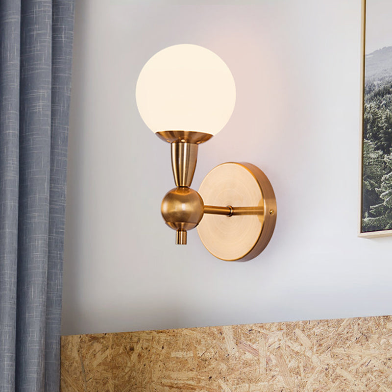 Mid Century 1/2-Bulb Wall Lighting Ideas Brass Orb Shaped Wall Mount Light with Opal Glass Lampshade Clearhalo 'Cast Iron' 'Glass' 'Industrial' 'Modern wall lights' 'Modern' 'Tiffany' 'Traditional wall lights' 'Wall Lamps & Sconces' 'Wall Lights' Lighting' 786965