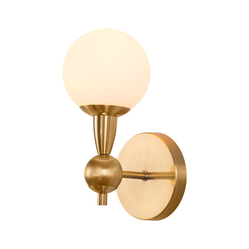 Mid Century 1/2-Bulb Wall Lighting Ideas Brass Orb Shaped Wall Mount Light with Opal Glass Lampshade Clearhalo 'Cast Iron' 'Glass' 'Industrial' 'Modern wall lights' 'Modern' 'Tiffany' 'Traditional wall lights' 'Wall Lamps & Sconces' 'Wall Lights' Lighting' 786967