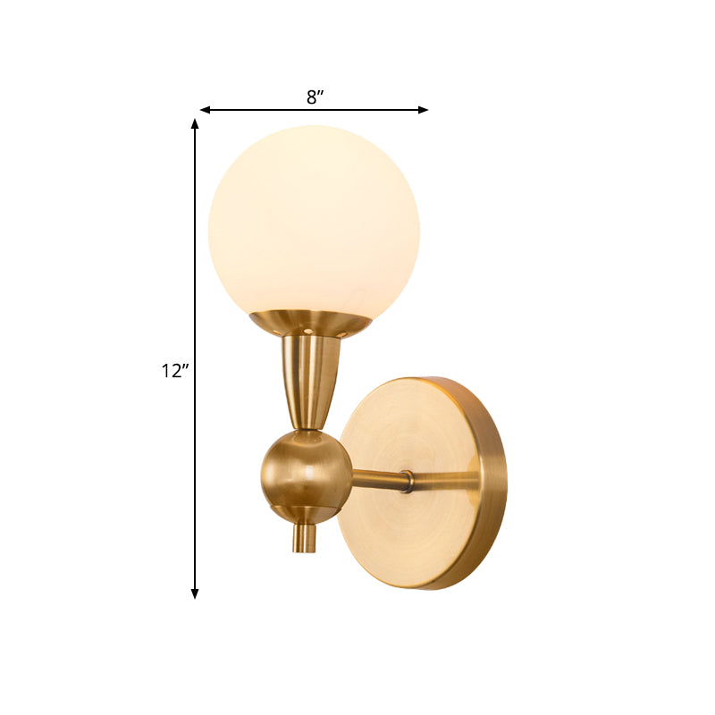 Mid Century 1/2-Bulb Wall Lighting Ideas Brass Orb Shaped Wall Mount Light with Opal Glass Lampshade Clearhalo 'Cast Iron' 'Glass' 'Industrial' 'Modern wall lights' 'Modern' 'Tiffany' 'Traditional wall lights' 'Wall Lamps & Sconces' 'Wall Lights' Lighting' 786968