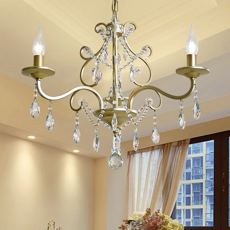 Metal Gold Hanging Chandelier Bent Arm 3/6-Bulb Contemporary Drop Pendant with Crystal Accent 3 Gold Clearhalo 'Ceiling Lights' 'Chandeliers' 'Modern Chandeliers' 'Modern' Lighting' 786973