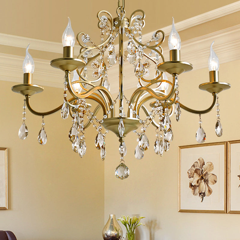 Metal Gold Hanging Chandelier Bent Arm 3/6-Bulb Contemporary Drop Pendant with Crystal Accent 6 Gold Clearhalo 'Ceiling Lights' 'Chandeliers' 'Modern Chandeliers' 'Modern' Lighting' 786977