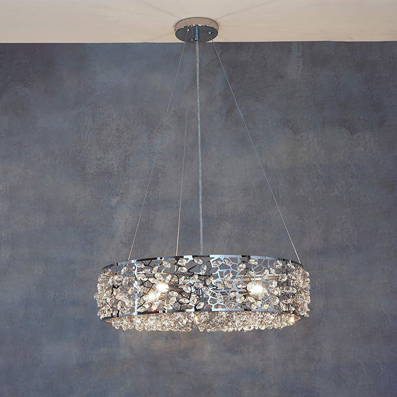 Modernism Drum Shade Pendant Chandelier 4 Lights Crystal Encrusted Hanging Lighting in Chrome Chrome Clearhalo 'Ceiling Lights' 'Chandeliers' 'Modern Chandeliers' 'Modern' Lighting' 786982