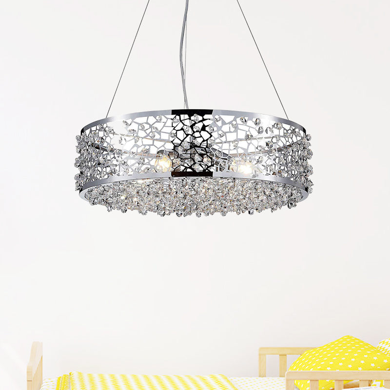 Modernism Drum Shade Pendant Chandelier 4 Lights Crystal Encrusted Hanging Lighting in Chrome Clearhalo 'Ceiling Lights' 'Chandeliers' 'Modern Chandeliers' 'Modern' Lighting' 786983