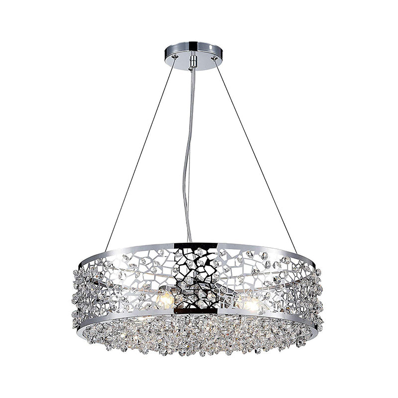 Modernism Drum Shade Pendant Chandelier 4 Lights Crystal Encrusted Hanging Lighting in Chrome Clearhalo 'Ceiling Lights' 'Chandeliers' 'Modern Chandeliers' 'Modern' Lighting' 786984