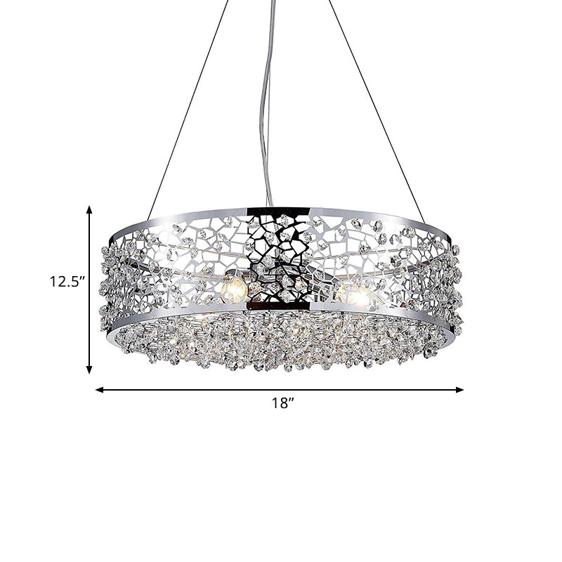 Modernism Drum Shade Pendant Chandelier 4 Lights Crystal Encrusted Hanging Lighting in Chrome Clearhalo 'Ceiling Lights' 'Chandeliers' 'Modern Chandeliers' 'Modern' Lighting' 786985