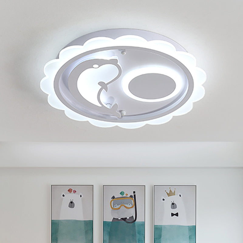 Dolphin Thin Ceiling Light Fixture Kids Style Acrylic White LED Flushmount Lighting with Scalloped Edge, Warm/White Light White Clearhalo 'Ceiling Lights' 'Close To Ceiling Lights' 'Close to ceiling' 'Flush mount' Lighting' 786986