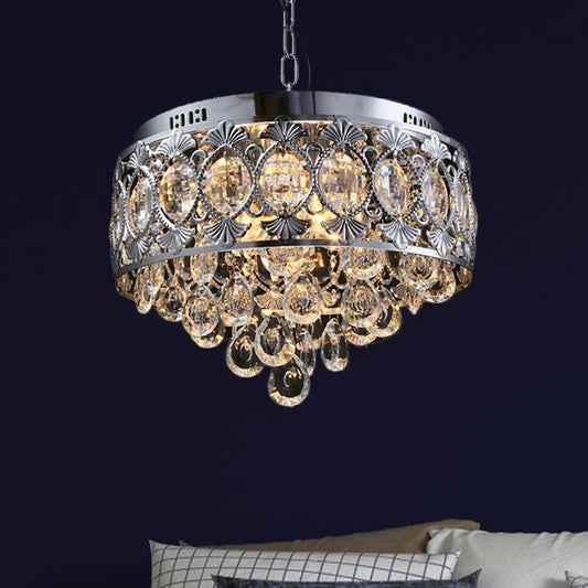 Crystal Drop Round Chandelier Lighting Contemporary 4 Lights Living Room Hanging Ceiling Light in Chrome Chrome Clearhalo 'Ceiling Lights' 'Chandeliers' 'Modern Chandeliers' 'Modern' Lighting' 786990