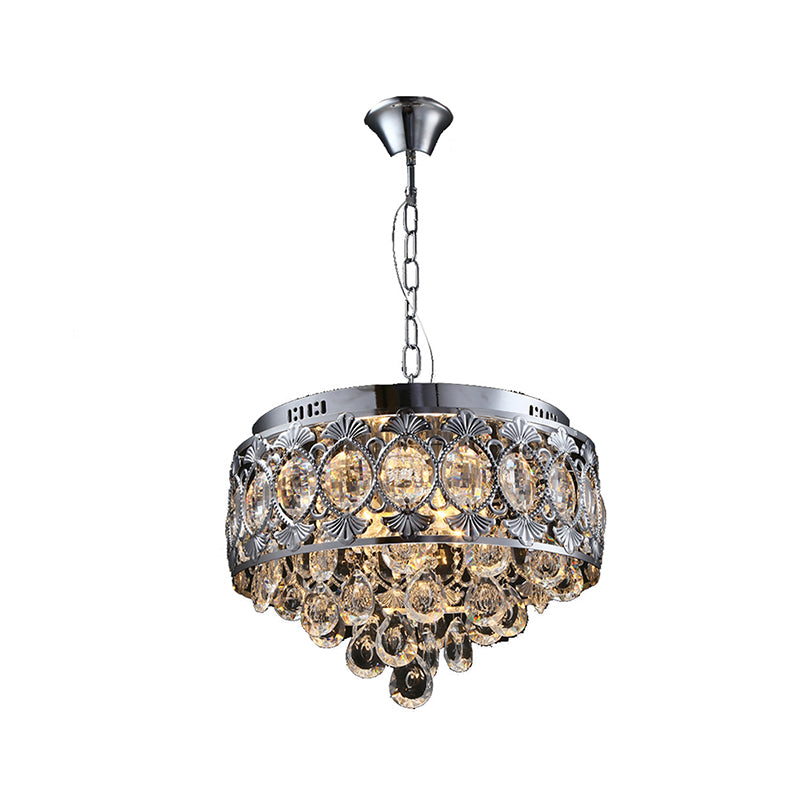 Crystal Drop Round Chandelier Lighting Contemporary 4 Lights Living Room Hanging Ceiling Light in Chrome Clearhalo 'Ceiling Lights' 'Chandeliers' 'Modern Chandeliers' 'Modern' Lighting' 786991