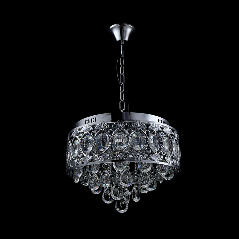 Crystal Drop Round Chandelier Lighting Contemporary 4 Lights Living Room Hanging Ceiling Light in Chrome Clearhalo 'Ceiling Lights' 'Chandeliers' 'Modern Chandeliers' 'Modern' Lighting' 786992