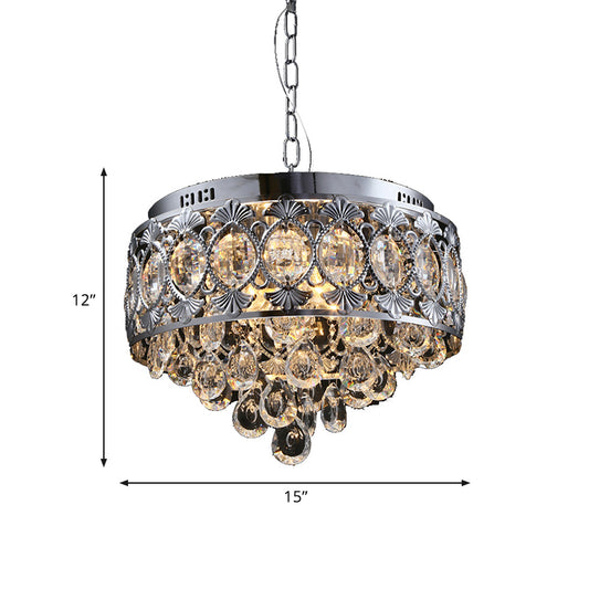 Crystal Drop Round Chandelier Lighting Contemporary 4 Lights Living Room Hanging Ceiling Light in Chrome Clearhalo 'Ceiling Lights' 'Chandeliers' 'Modern Chandeliers' 'Modern' Lighting' 786993