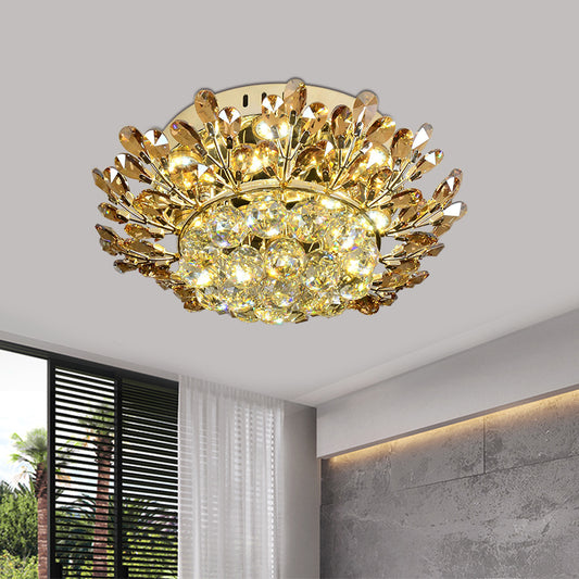 Cognac and Clear Crystal Gold Ceiling Lamp Branch LED Contemporary Flush Mount Lighting Fixture in Gold for Living Room Gold Clearhalo 'Ceiling Lights' 'Close To Ceiling Lights' 'Close to ceiling' 'Flush mount' Lighting' 787042