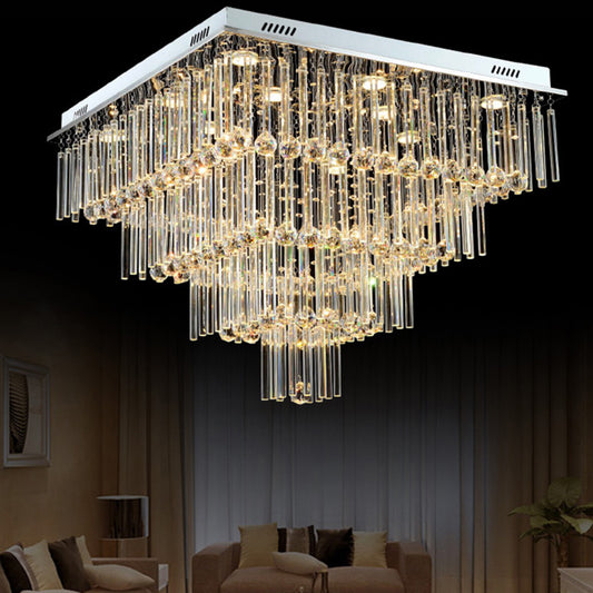 12 Bulbs Flushmount Lighting Simple Style Tiered Square Flute Crystal Ceiling Mount Light in Chrome Chrome Clearhalo 'Ceiling Lights' 'Close To Ceiling Lights' 'Close to ceiling' 'Flush mount' Lighting' 787071