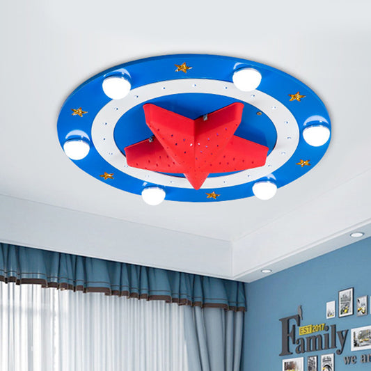 Wood Round Flush Mount Lamp Kids 6-Head Blue Ceiling Flushmount Fixture with Red Starfish Shade Blue Clearhalo 'Ceiling Lights' 'Close To Ceiling Lights' 'Close to ceiling' 'Flush mount' Lighting' 787125