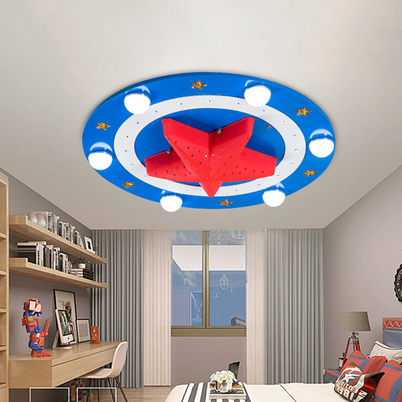 Wood Round Flush Mount Lamp Kids 6-Head Blue Ceiling Flushmount Fixture with Red Starfish Shade Clearhalo 'Ceiling Lights' 'Close To Ceiling Lights' 'Close to ceiling' 'Flush mount' Lighting' 787126