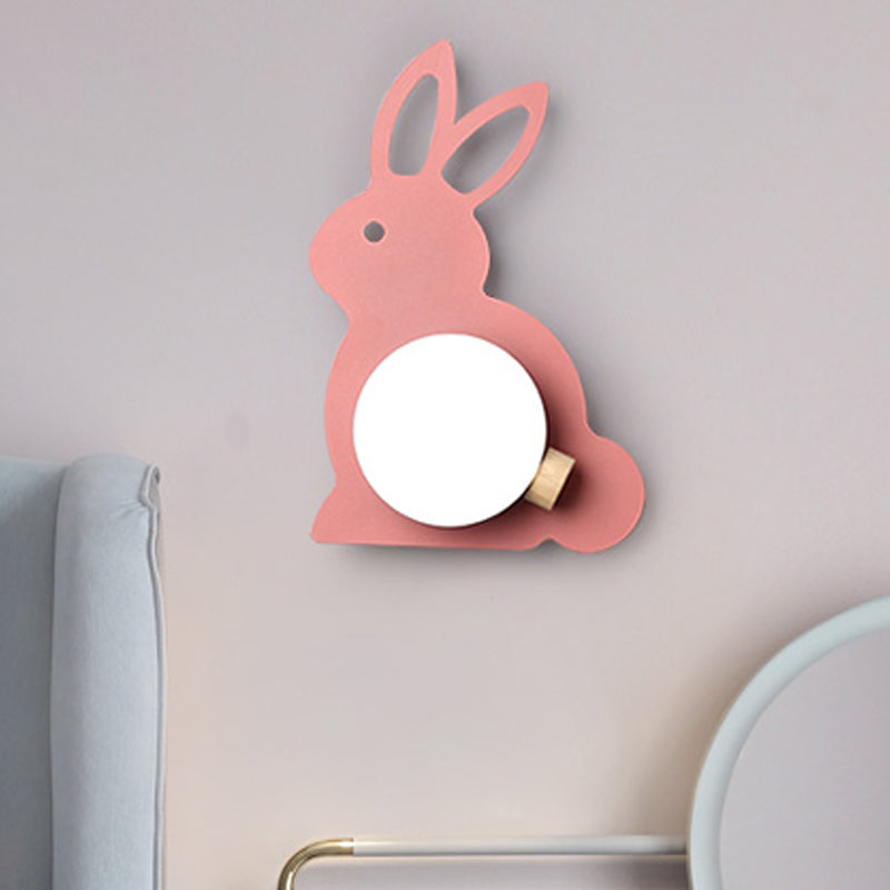 Rabbit Flush Mount Wall Sconce Cartoon Iron 1 Bulb Pink/Blue Wall Mount Light with Ball Lampshade Pink Clearhalo 'Wall Lamps & Sconces' 'Wall Lights' Lighting' 787137