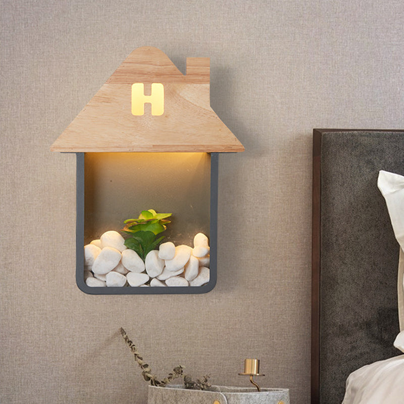 Cabin Bedside Flush Mount Nordic Wooden LED Wall Sconce Light with Storage Shelf in Grey/White/Green Grey Clearhalo 'Wall Lamps & Sconces' 'Wall Lights' Lighting' 787158